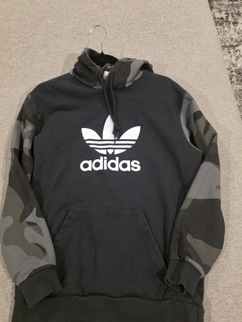 adidas Black Hoodie with Gray & Olive Camo Sleeves - Trefoil Logo